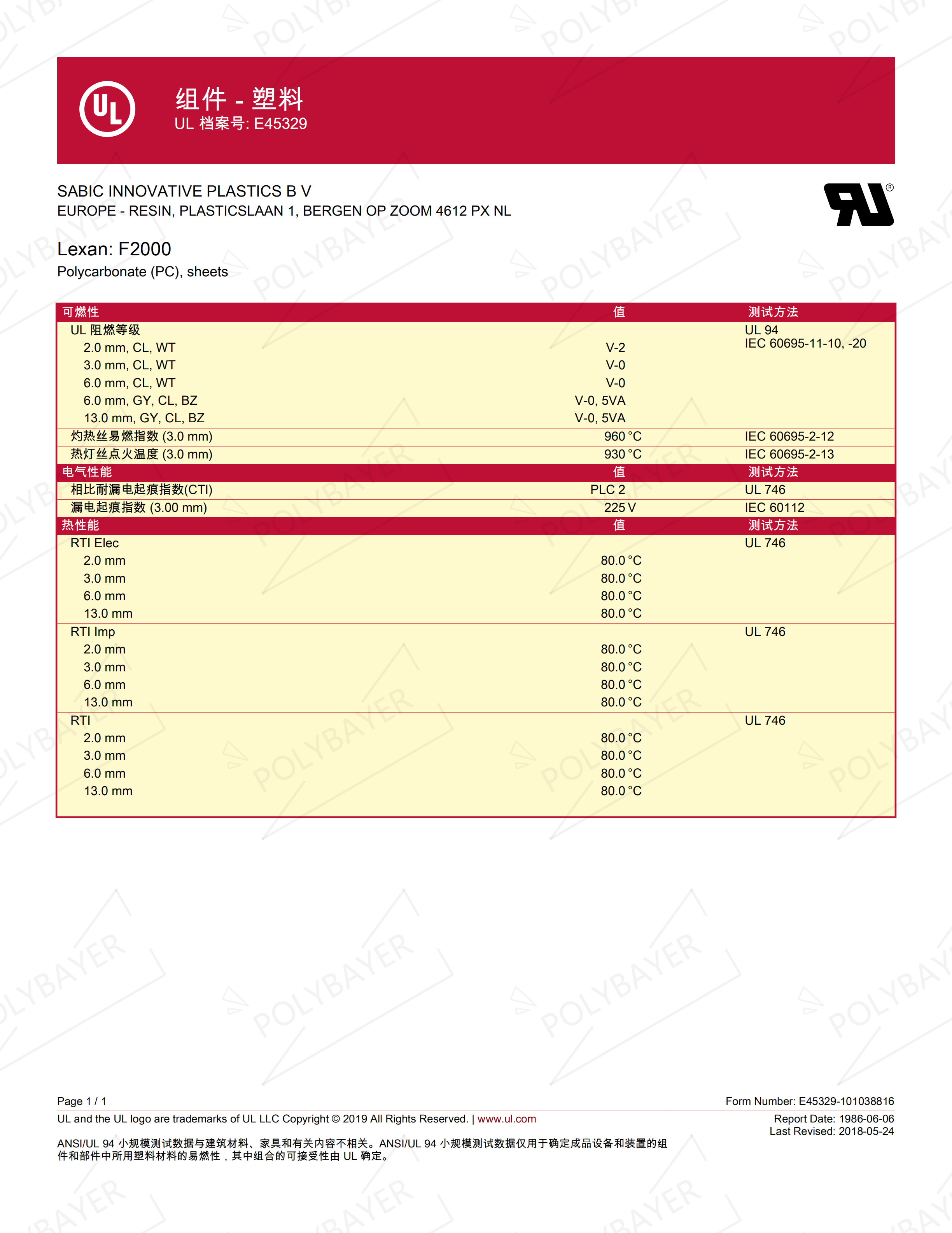 V0级阻燃PC板,F2000,沙伯F2000,Lexan F2000聚碳酸酯板UL94检测报告,V0防火检测属性参数,F2000物性参数，F2000黄卡